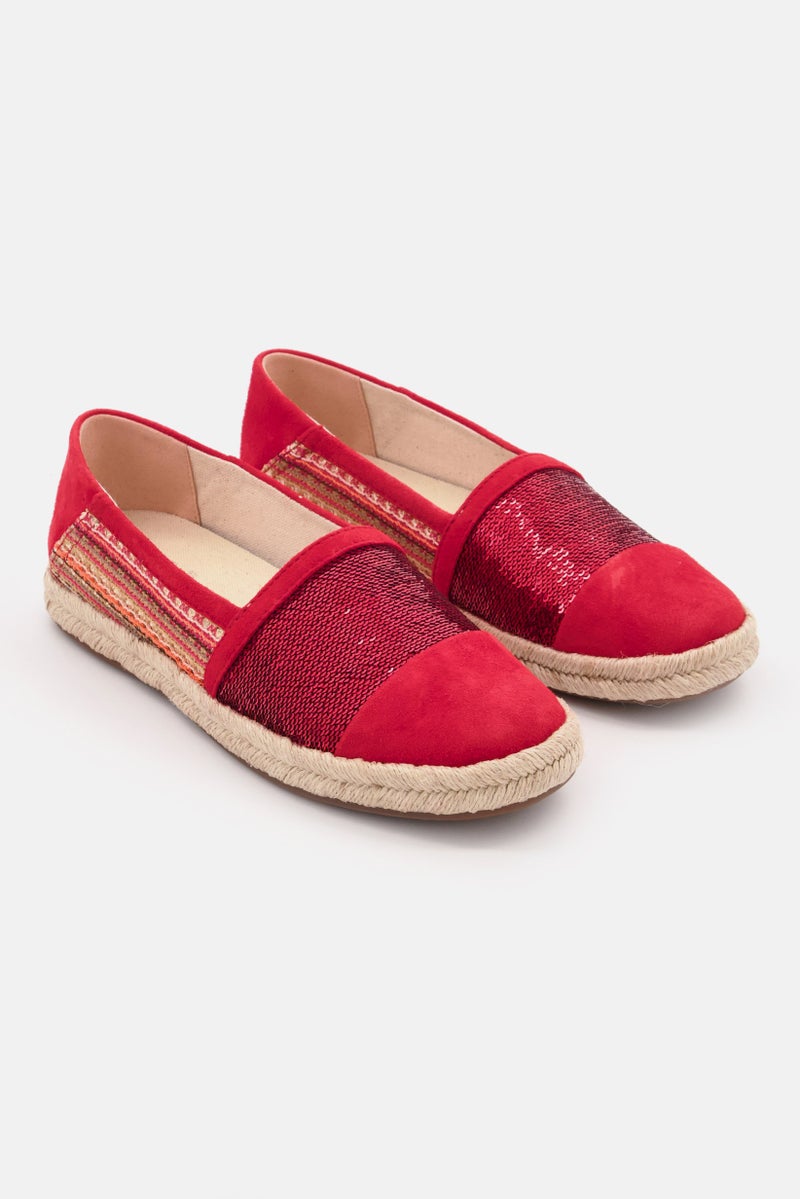 GEOX Women Slip On Sequins Detail Suede Flats, Red - Image 1