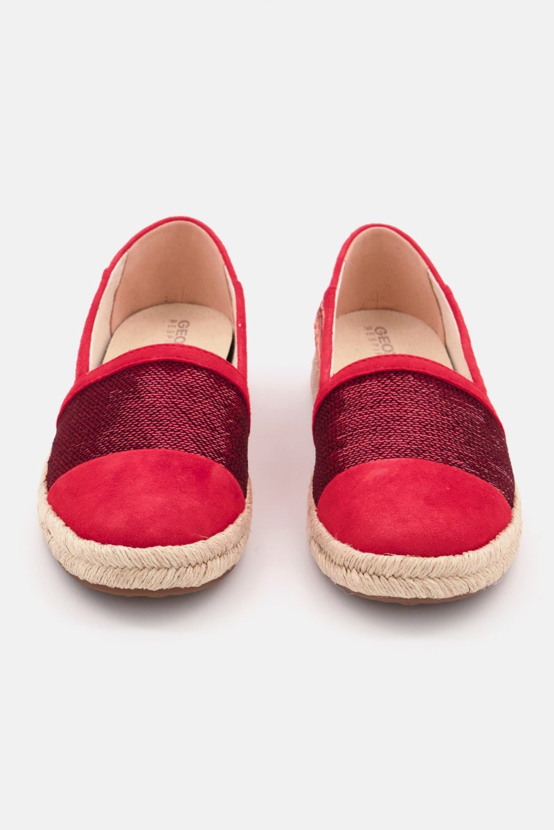 GEOX Women Slip On Sequins Detail Suede Flats, Red - Image 3