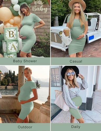 Peauty Summer Short Sleeve Maternity Midi Dress Casual Bodycon Baby Shower Photoshoot Formal Lounge (Sage Green L) - Image 2