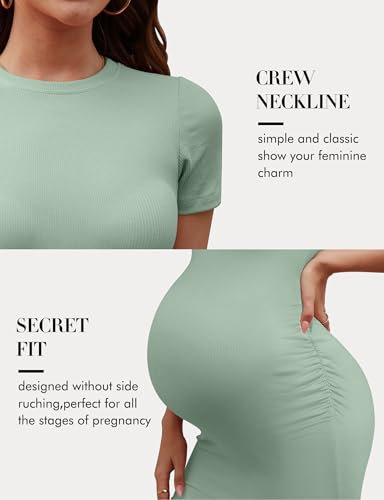 Peauty Summer Short Sleeve Maternity Midi Dress Casual Bodycon Baby Shower Photoshoot Formal Lounge (Sage Green L) - Image 5