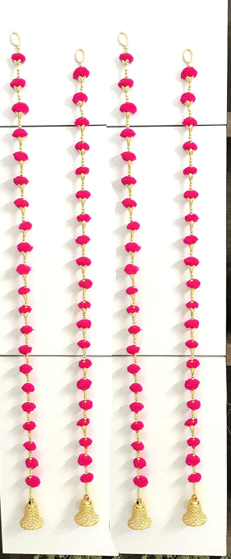 Aahum Handmade Wall Door Dark Pink Color PomPom String With Golden Beads,Triangle Flowers Hanging Torans Garland Bandhwar Decoration Item for Home Décor Diwali,Festival,Navratri,Wedding (3FT 4Strings) - Image 4