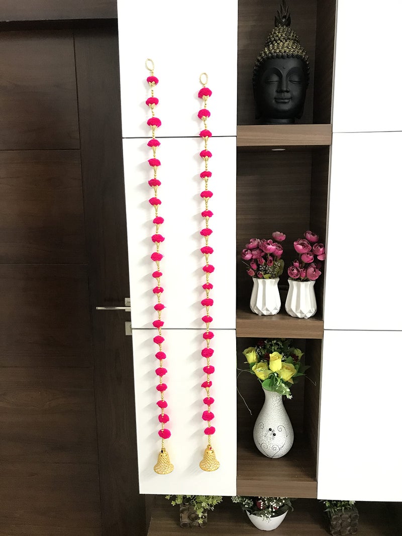 Aahum Handmade Wall Door Dark Pink Color PomPom String With Golden Beads,Triangle Flowers Hanging Torans Garland Bandhwar Decoration Item for Home Décor Diwali,Festival,Navratri,Wedding (3FT 4Strings) - Image 2