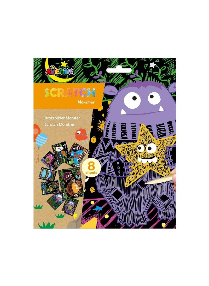 Avenir - Avenir Scratch Art Kit – Monster | Unleash Creativity with Vibrant Drawings! 4 Themed Scratch Boards and Scratch Tool | Watch Brilliant Colors Unfold, Engaging Activity for Young Artists 3+ - Image 1