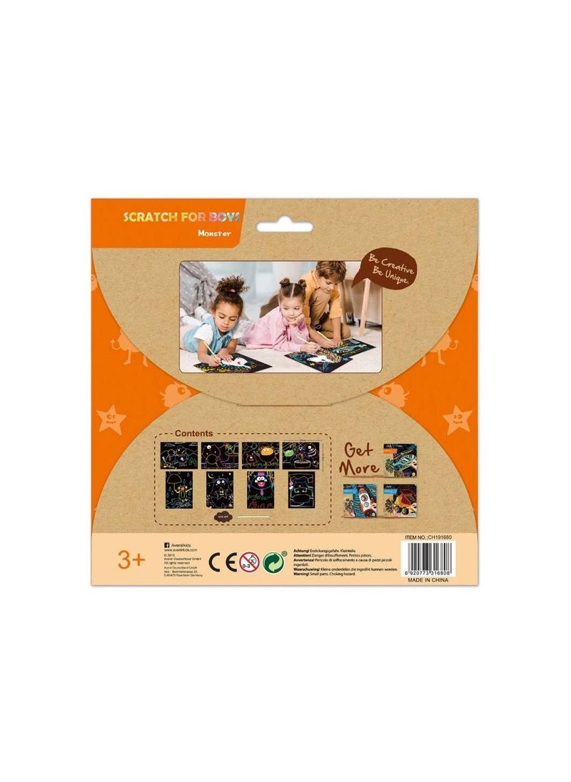 Avenir - Avenir Scratch Art Kit – Monster | Unleash Creativity with Vibrant Drawings! 4 Themed Scratch Boards and Scratch Tool | Watch Brilliant Colors Unfold, Engaging Activity for Young Artists 3+ - Image 1