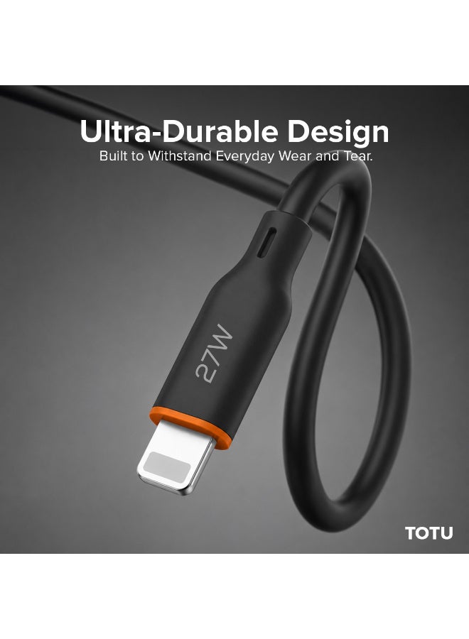 Totu 27W Fast Charging & High-Speed Data Transfer USB-C to Lightning Cable – 1.2m Tangle-Free Liquid Silicone Cord with Anti-Break Reinforced Ends & Smart Chip Protection – Black - Image 2