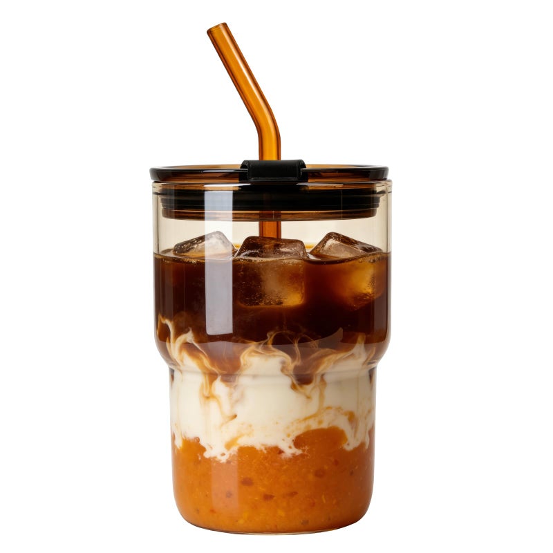 Luxfuel 16 oz Glass Tumbler with Lid & Straw, Reusable Iced Coffee Cup & Smoothie Cup, Leak-Proof Borosilicate Glass for Coffee, Iced Tea, Water â€“ 1 Pack, Ideal for Office, Home & Travel, Amber - Image 1