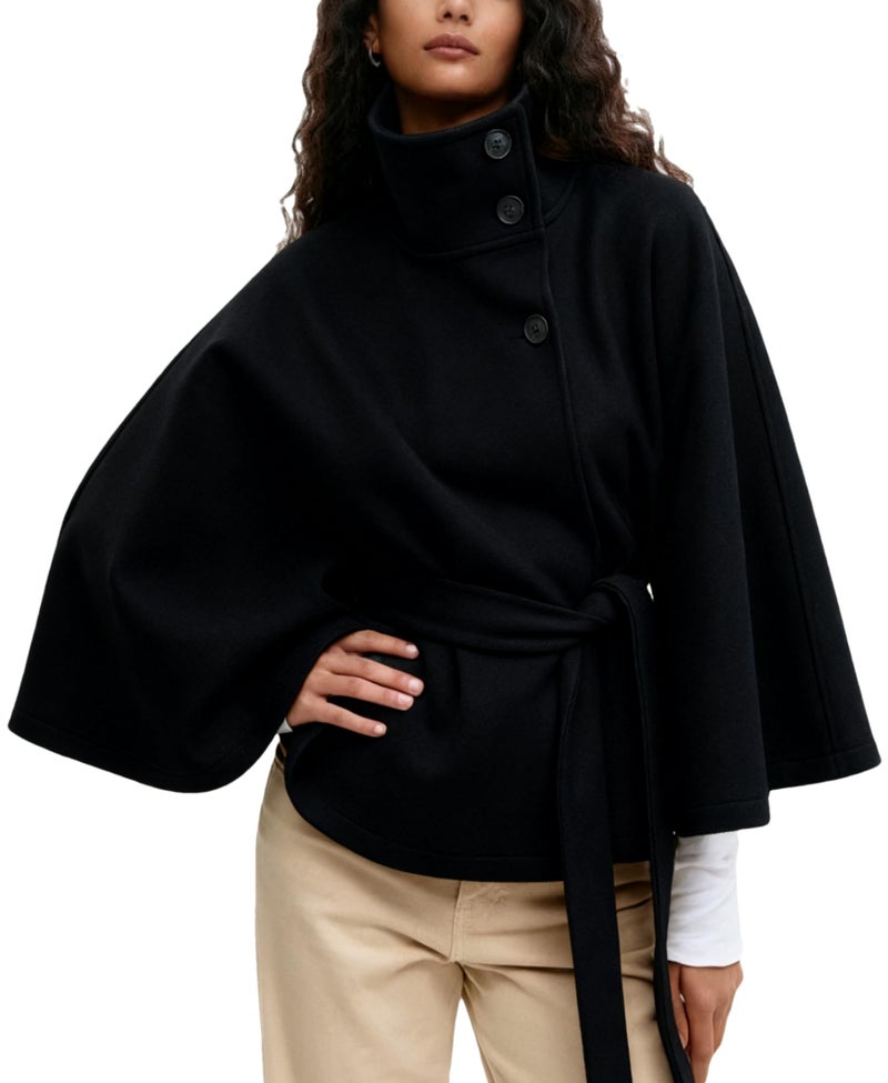 OPCAKM Women's Batwing Sleeve Poncho Coat Oversized Winter Pea Coat Stand Collar Cropped Cape Jacket with Belt(Black-M) - Image 1