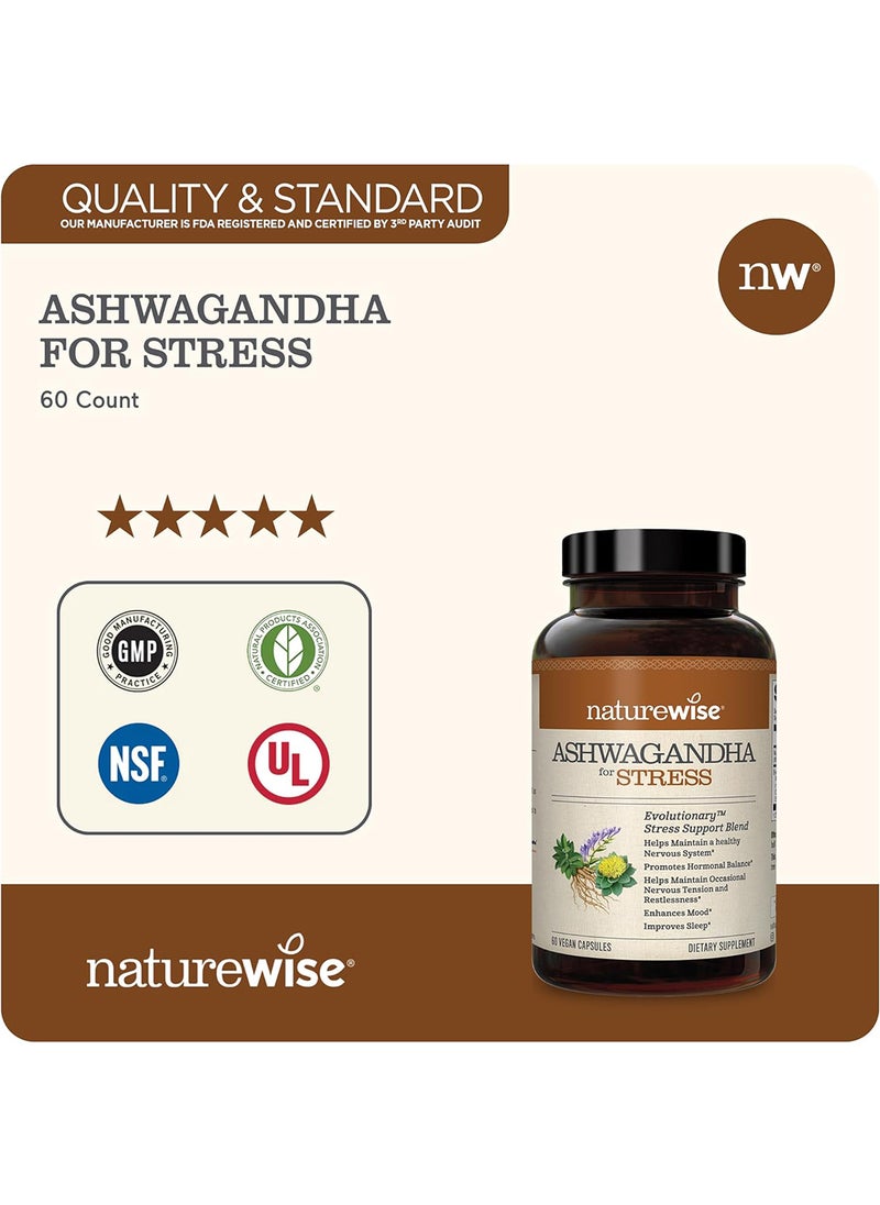 Ashwagandha For Stress Adaptation And Anxiety Relief, Calming Ksm-66 Herbal Supplement Extract + Gaba, Light Brown, 60 Count
