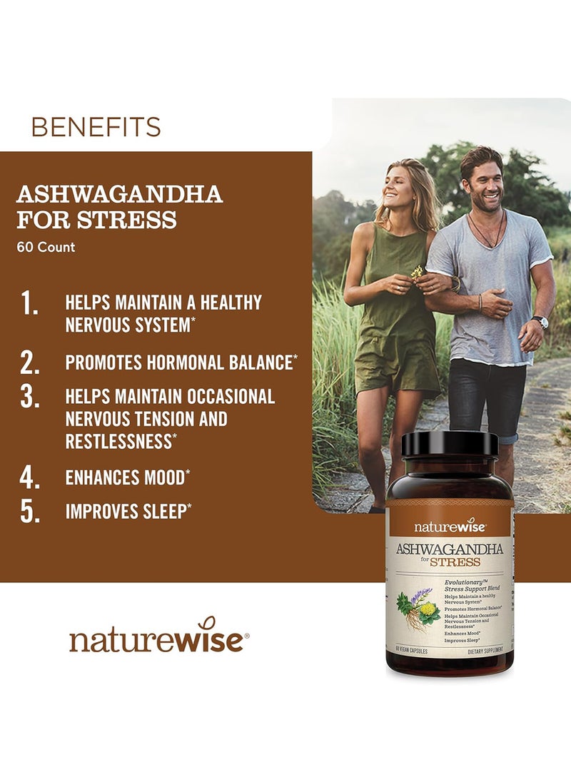 Ashwagandha For Stress Adaptation And Anxiety Relief, Calming Ksm-66 Herbal Supplement Extract + Gaba, Light Brown, 60 Count