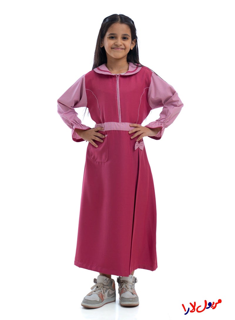 مريول لارا مريول كويتي ابتدائي وردي سادة بأكمام كاروهات ورباط خلفي – زي مدرسي بناتي - Image 1