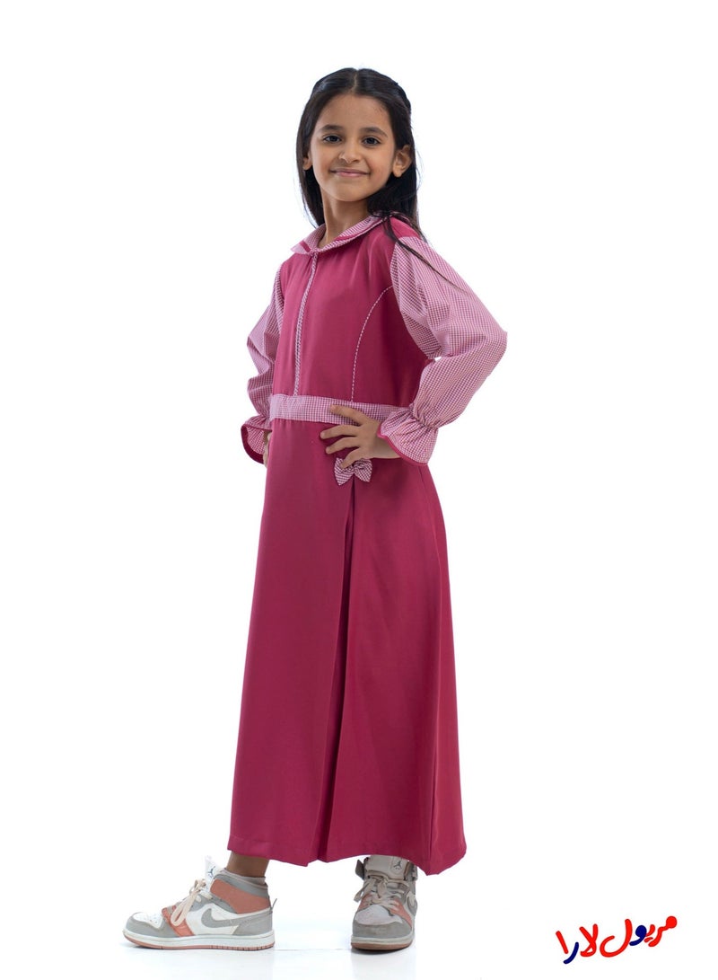 مريول لارا مريول كويتي ابتدائي وردي سادة بأكمام كاروهات ورباط خلفي – زي مدرسي بناتي - Image 3