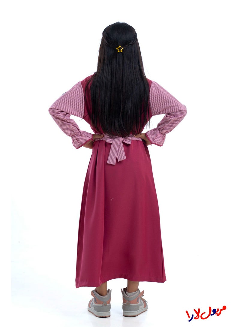 مريول لارا مريول كويتي ابتدائي وردي سادة بأكمام كاروهات ورباط خلفي – زي مدرسي بناتي - Image 4