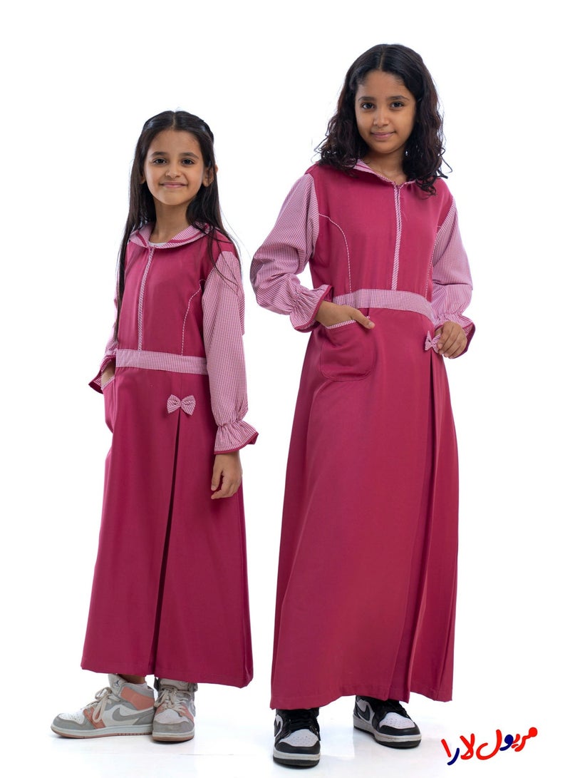 مريول لارا مريول كويتي ابتدائي وردي سادة بأكمام كاروهات ورباط خلفي – زي مدرسي بناتي - Image 5