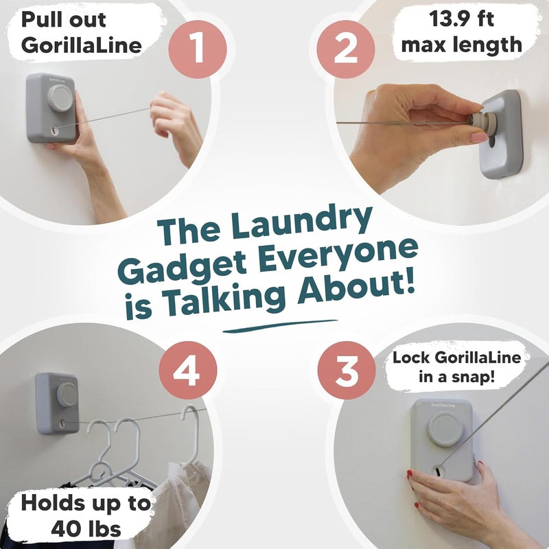 GorillaLine Max - Retractable Clothesline Indoor Outdoor Clothes Line - Heavy Duty Clothes Drying Laundry Line - Wall Mounted Drying Rack - Air Dry Clothing - Max Tighten with GorillaGrip - Image 2