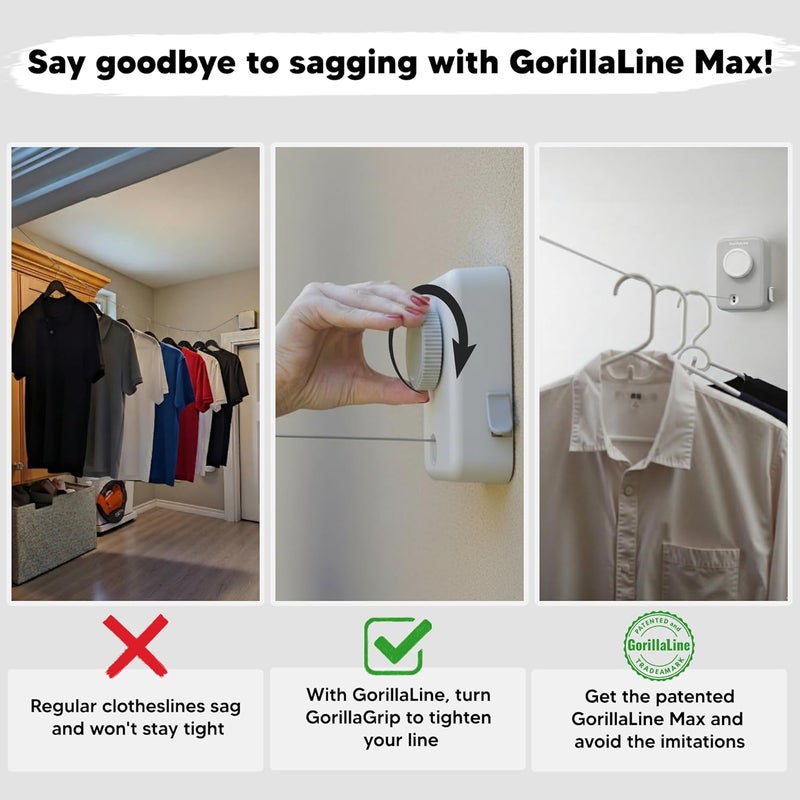 GorillaLine Max - Retractable Clothesline Indoor Outdoor Clothes Line - Heavy Duty Clothes Drying Laundry Line - Wall Mounted Drying Rack - Air Dry Clothing - Max Tighten with GorillaGrip - Image 3