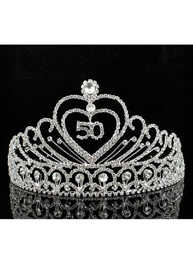 Janefashions 50Yearold Fifty Years Old Number 50 Birthday Party Austrian Rhinestone Crystal Tiara Crown With Hair Combs Cake Topper Queen Jewelry T803 Silver  - Image 3