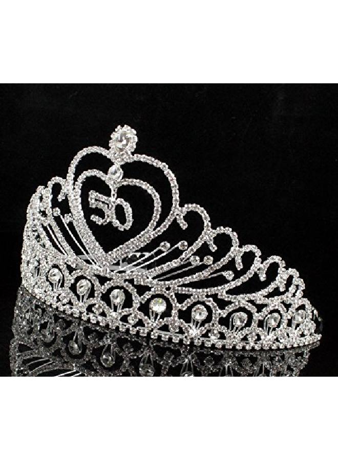 Janefashions 50Yearold Fifty Years Old Number 50 Birthday Party Austrian Rhinestone Crystal Tiara Crown With Hair Combs Cake Topper Queen Jewelry T803 Silver  - Image 5