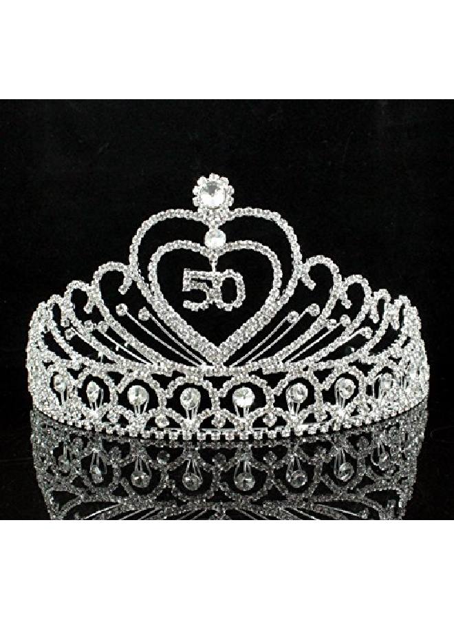 Janefashions 50Yearold Fifty Years Old Number 50 Birthday Party Austrian Rhinestone Crystal Tiara Crown With Hair Combs Cake Topper Queen Jewelry T803 Silver  - Image 1