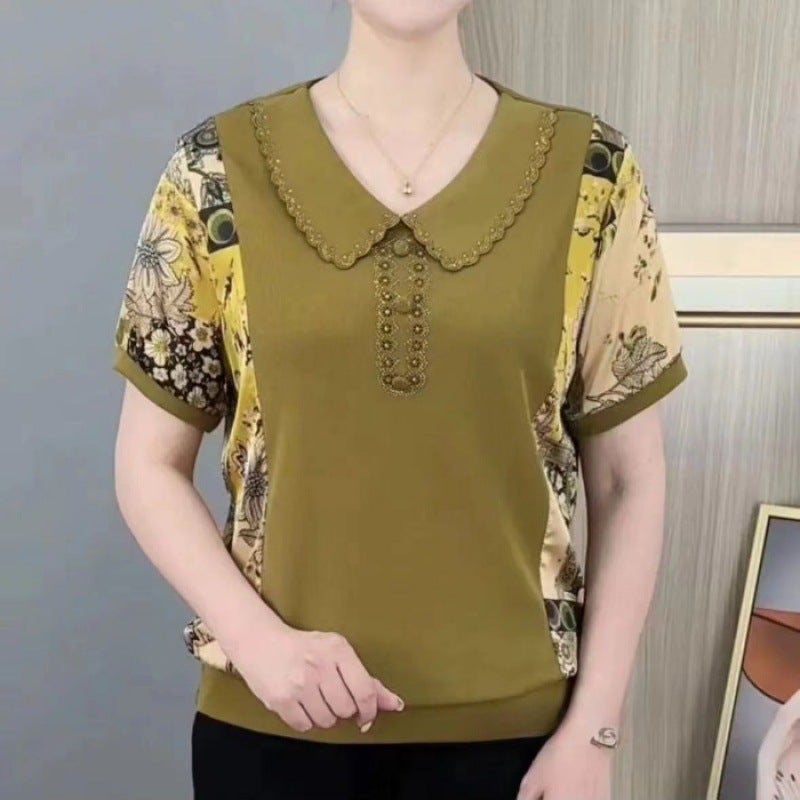 Fashionable Short-Sleeved T-Shirt Stitching Printed Slim Flesh Covering Top Mother'S Western Style Casual Base Shirt - Image 1