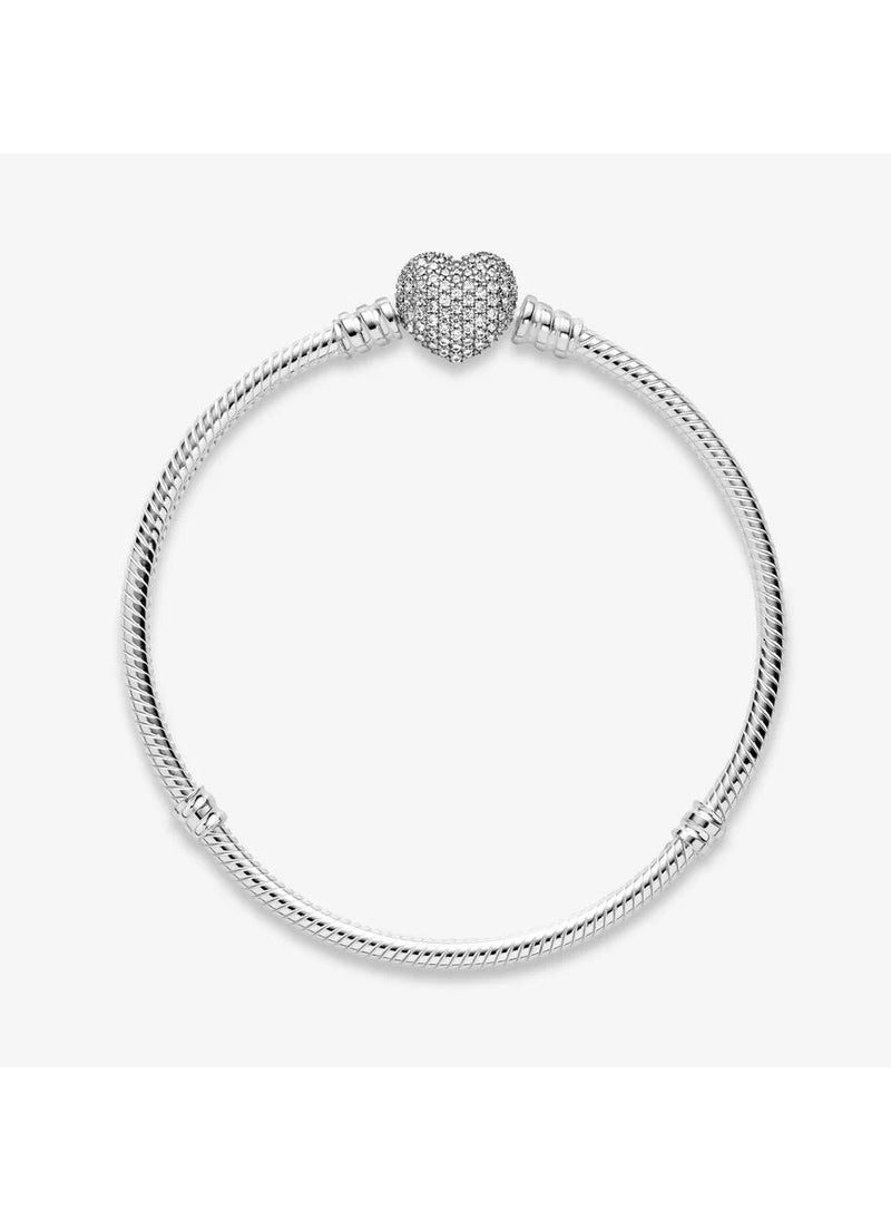 PANDORA - Silver bracelet with heart-shaped clasp and cubic zirconia, Size 18 - Image 1