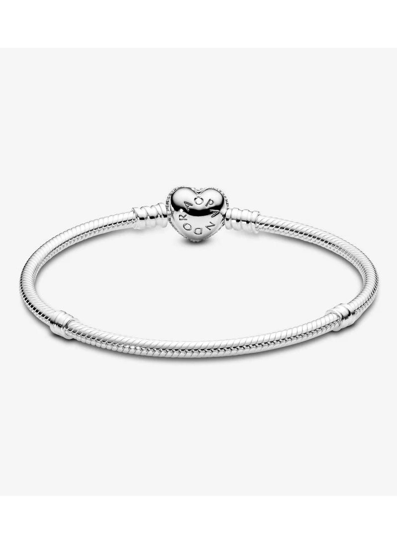 PANDORA - Silver bracelet with heart-shaped clasp and cubic zirconia, Size 18 - Image 1