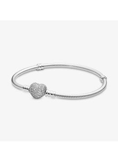 PANDORA Silver bracelet with heart-shaped clasp and cubic zirconia, Size 18  - Image 1
