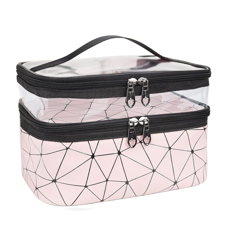Moxtiza Double Layer Cosmetic Bag Organizer Makeup Pouch for Women Travel Cosmetics Case Toiletry Bags for GirlsPink - Image 1