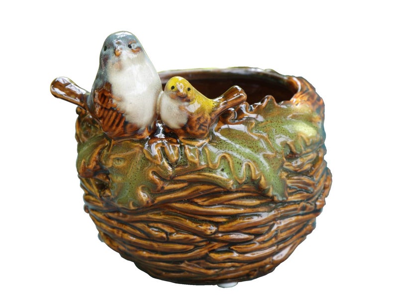 Rmdusk Handmade Ceramic Bird Nest Succulent Planter/Plant Pot Flower Pot Bonsai Home Garden DÃ©cor Birds Figurine 5" H - Image 1