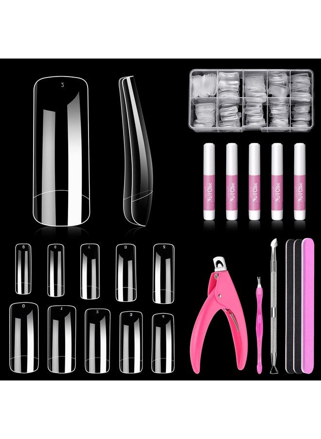 MORGLES 500Pcs Clear Acrylic Nail Tips Fake Nails Half Cover Square Flat Nail Tips Nail Clipper Files And Glues Cuticle Fork For Nail Art Salon Home Diy - Image 1