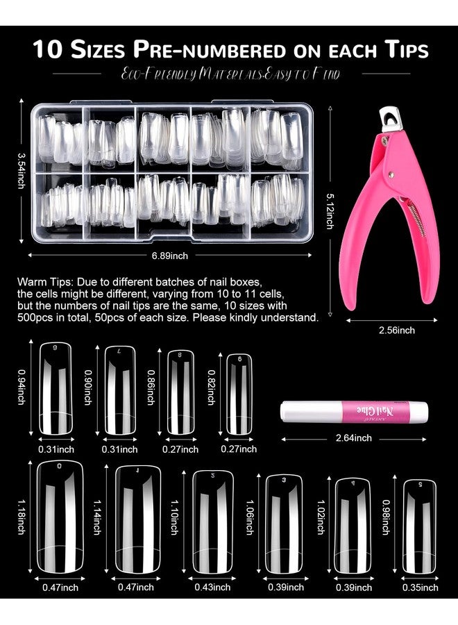 MORGLES 500Pcs Clear Acrylic Nail Tips Fake Nails Half Cover Square Flat Nail Tips Nail Clipper Files And Glues Cuticle Fork For Nail Art Salon Home Diy - Image 2