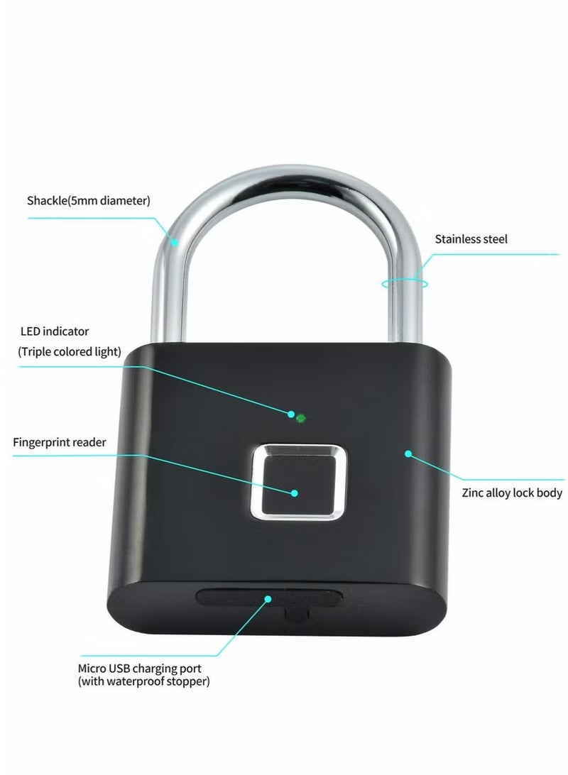 Fingerprint Padlock, Smart Pad Lock Small Portable Padlock with USB Charging, Waterproof Locker Lock, Rust-Proof Fingerprint Lock for Locker, Luggage, Gym, Suitcas, School, Bike (Black)  - Image 3