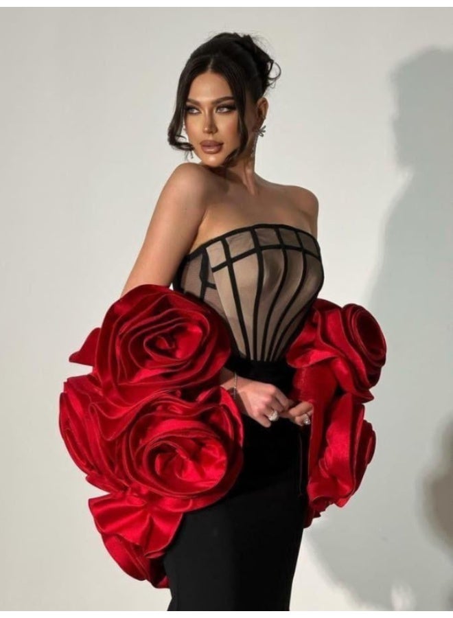 NICE MODEL Black Mermaid Evening Dress Red Rose Jacket Formal  - Image 1