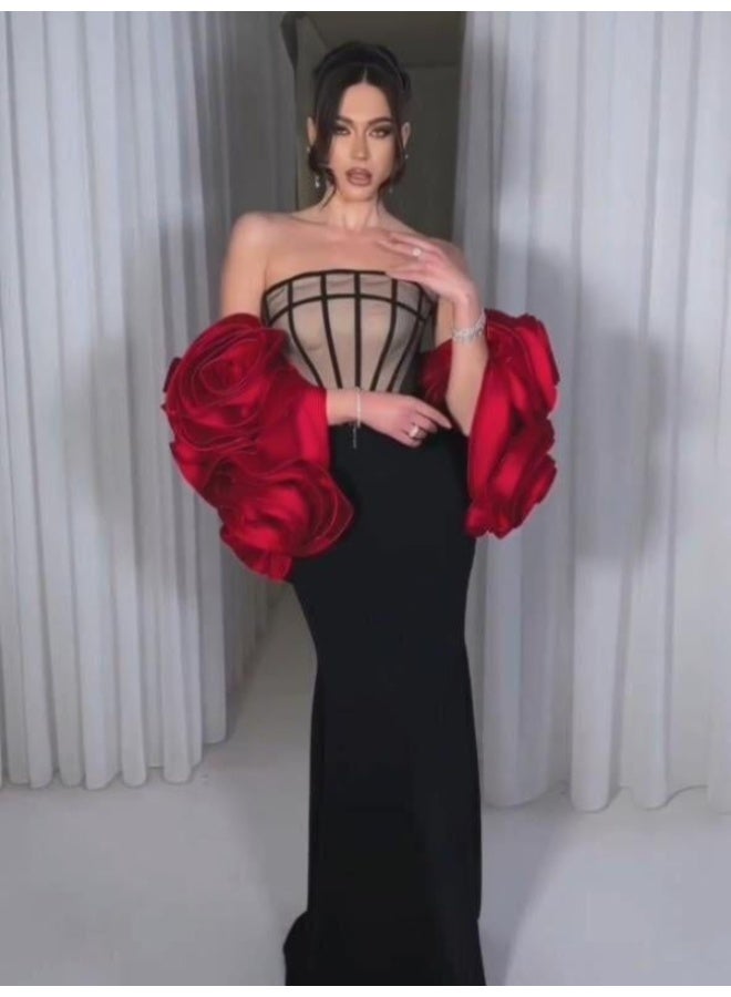 NICE MODEL Black Mermaid Evening Dress Red Rose Jacket Formal  - Image 5