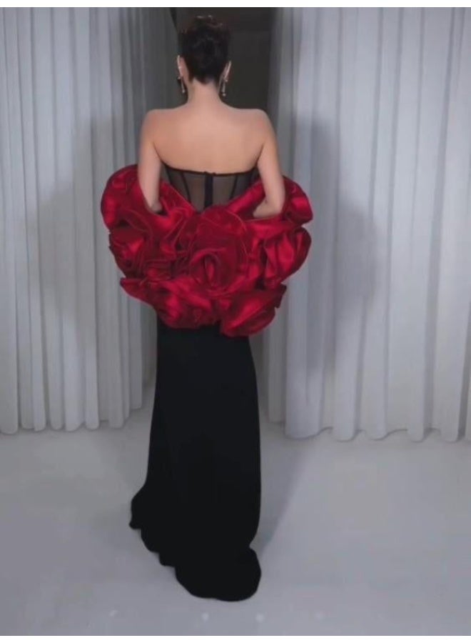 NICE MODEL Black Mermaid Evening Dress Red Rose Jacket Formal  - Image 4