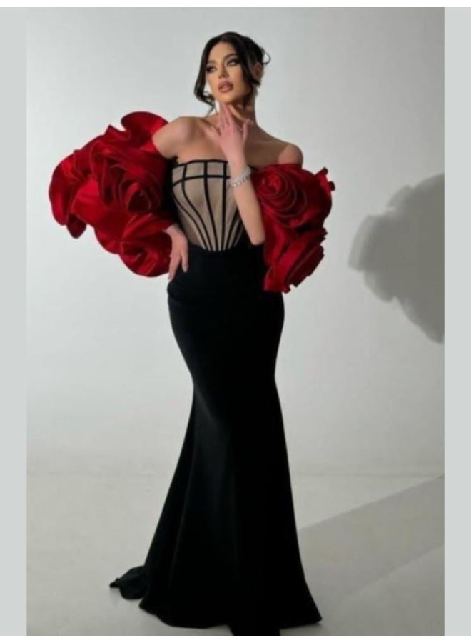 NICE MODEL Black Mermaid Evening Dress Red Rose Jacket Formal  - Image 3