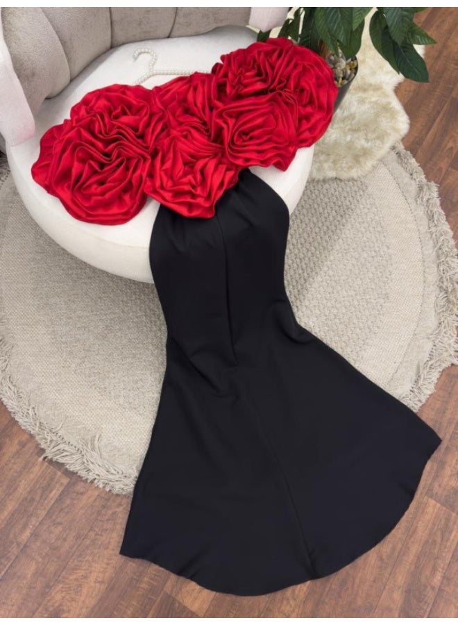 NICE MODEL Black Mermaid Evening Dress Red Rose Jacket Formal  - Image 2