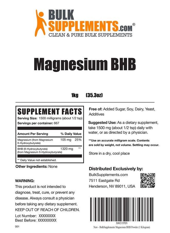 BULKSUPPLEMENTS.COM - Magnesium Bhb Powder Beta Hydroxybutyrate Powder For Ketosis & Ketogenic Diet 1500Mg (1.5G) Per Serving 667 Servings (1 Kilogram 2.2 Lbs) - Image 1