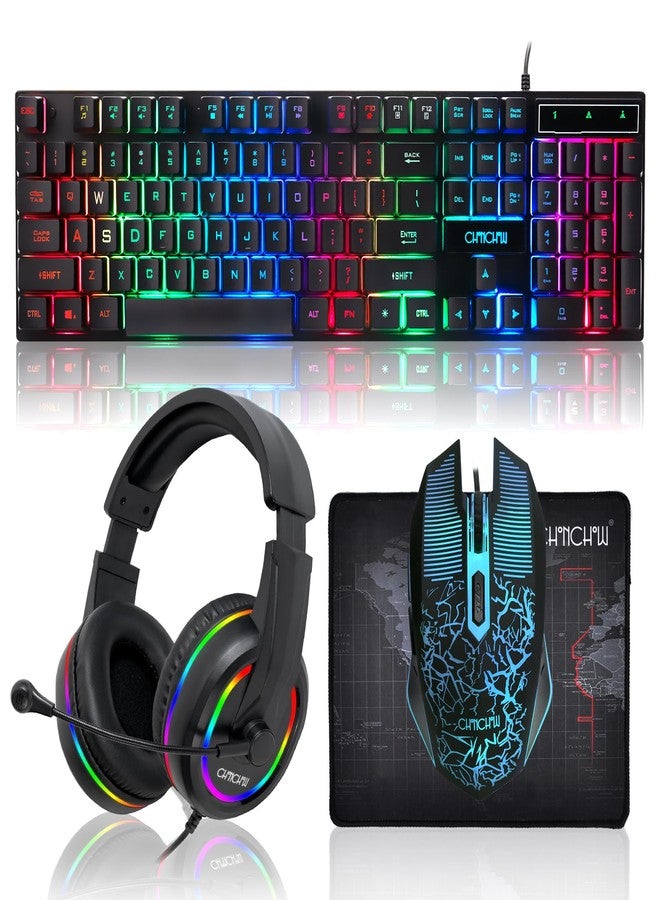 CHONCHOW Gaming LED Keyboard Mouse Headset and Mousepad Bundle, Wired Rainbow LED Light Up Gaming Keyboard Mouse Headset, Value 4 in 1 Gaming Set for Xbox PS4 PS5 PC Laptop Gamer - Image 1