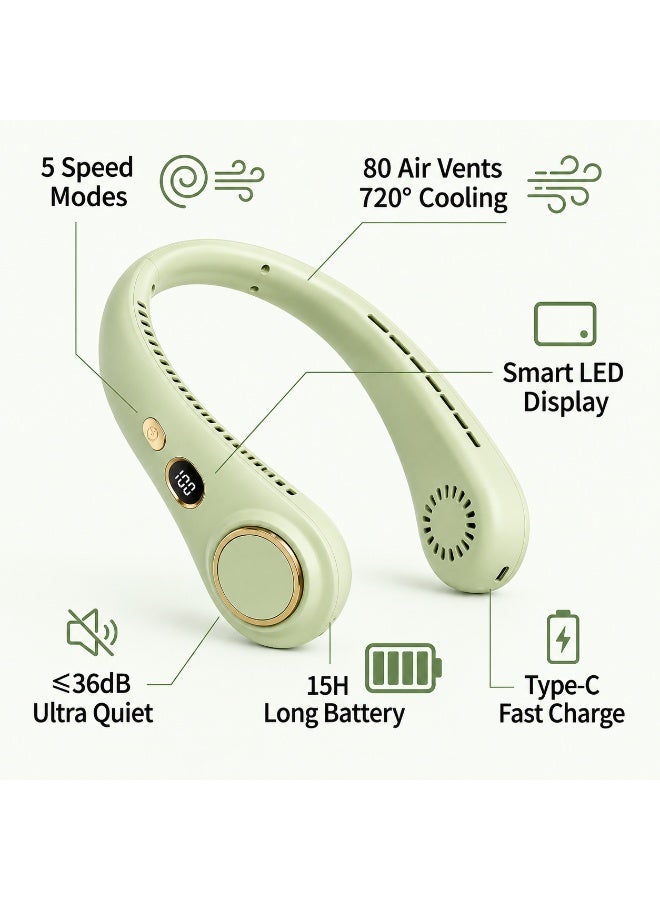 Bladeless Neck Fan with LED Display, Portable Personal Fan with 80 Vents, 720° Cooling, Type-C Fast Charging, Green - Image 2
