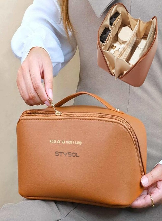 Stysol حقيبة سفر ستايلسول للنساء، حقيبة تنظيم سفر محمولة، حقيبة أدوات تجميل مفتوحة ومسطحة مع فاصل ومقبض، لون بني - Image 4
