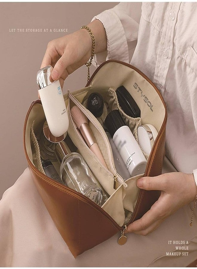 Stysol حقيبة سفر ستايلسول للنساء، حقيبة تنظيم سفر محمولة، حقيبة أدوات تجميل مفتوحة ومسطحة مع فاصل ومقبض، لون بني - Image 5