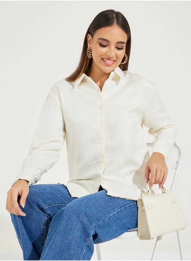 Styli Jacquard Longline Buttoned Shirt with Full Sleeves