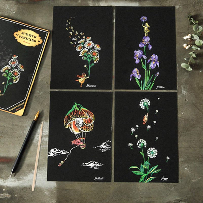 PRETYZOOM 8Pcs Rainbow Scratch Painting Postcards Animal Flowers Drawing Postcards Scratch Off Art Paper Colorful Drawing Board Painting Doodle Creative DIY Art Supplies - Image 5