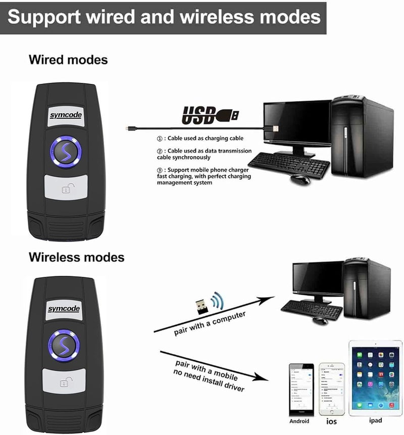 symcode Mini 2D Portable Handheld Bluetooth Barcode Scanner Wireless 2.4G & USB Wired 3-in-1 Bar Code Scanner Portable USB QR Code Scanner for Windows.Android.iOS.MAC - Image 3