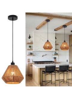 Ganeed Boho Chandelier Lighting Fixture, Rattan Pendant Light, Rustic Cage Hanging Light, E27 Semi Flush Mount Ceiling Light Fixture for Kitchen Island Living Dining Room Bedroom Brown  - Image 2