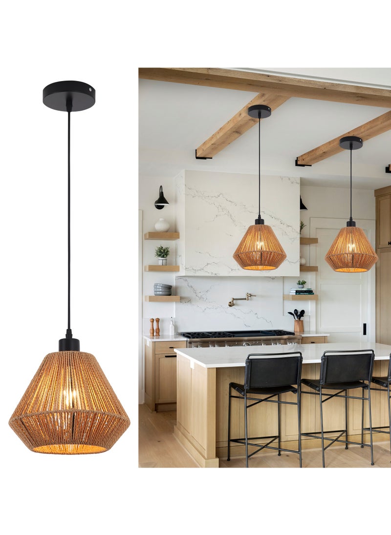 Ganeed Boho Chandelier Lighting Fixture, Rattan Pendant Light, Rustic Cage Hanging Light, E27 Semi Flush Mount Ceiling Light Fixture for Kitchen Island Living Dining Room Bedroom Brown  - Image 2