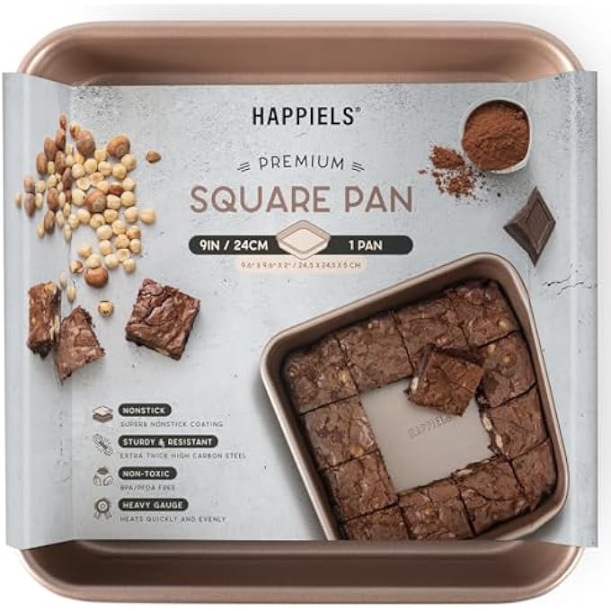 HAPPIELS Nonstick 9x9 Baking Pan  PFOA  BPA Free Non Toxic 9 x 9 Inch Cake  Brownie Pan  Best Nontoxic Square 9x9 inches Pans for Baking  Non Stick Carbon Steel Gold Baking Ware - Image 1