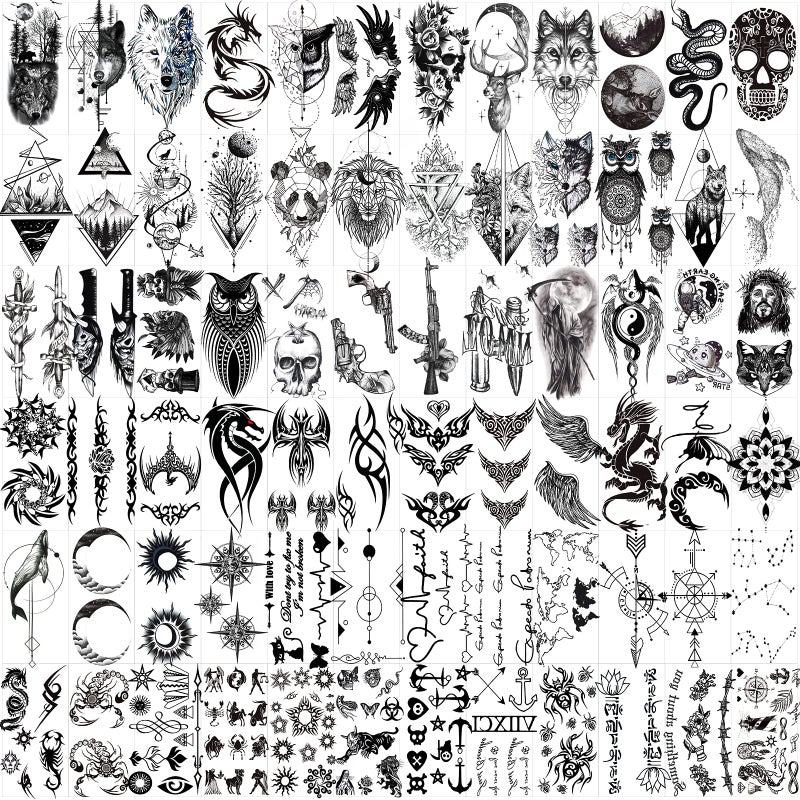 Hotoyannia 102 Sheets Halloween Tiny Temporary Tattoos Stickers, Fake Tattoos That Look Real And Last Long, Halloween Include Black Scary Wolf Lion Tiger Skeleton Skull Tattoos - Image 1