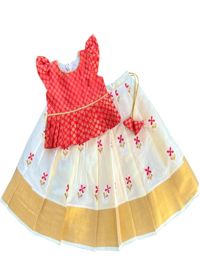 Stanwells Kids Girls Lehenga Choli Set - Cream & Red Kerala Kasavu Polka Brocade Silk with Floral Embroidery, 5-6 Years - Image 1