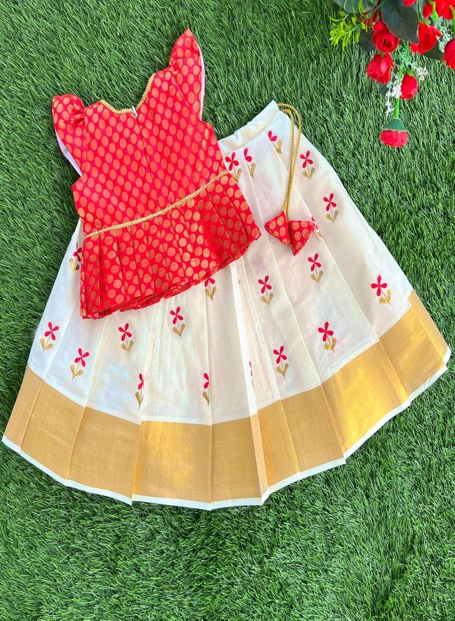 Stanwells Kids Girls Lehenga Choli Set - Cream & Red Kerala Kasavu Polka Brocade Silk with Floral Embroidery, 5-6 Years - Image 2